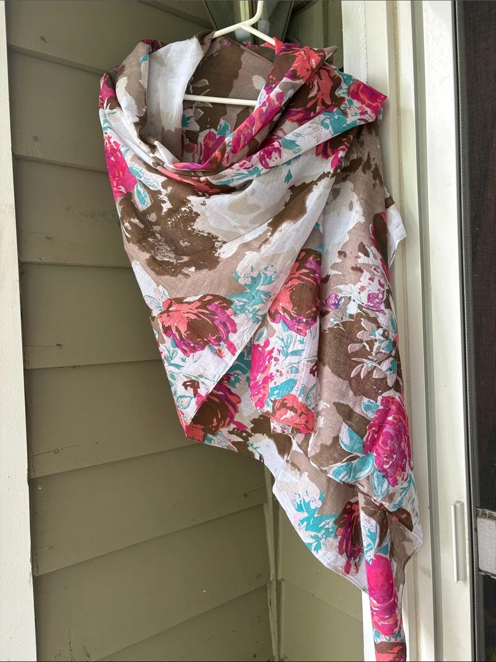 100% Cotton Floral Lightweight large Shawl/ Scarf in Brown, Pink & Teal